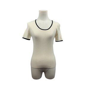 Luxe Ribbed Short Sleeve Contrast Trim Fitted Knit Top In Cream & Black